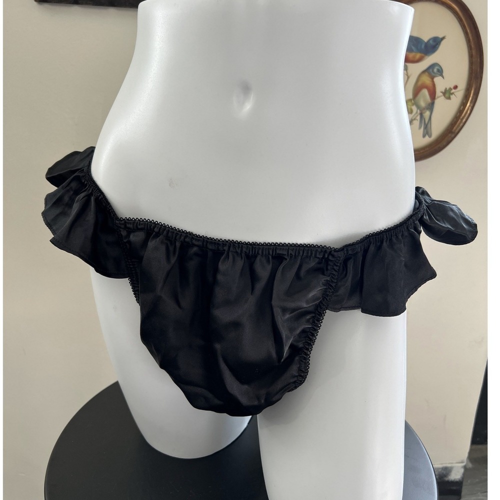 Vintage Black Satin Ruffle Trim Panties Size Large